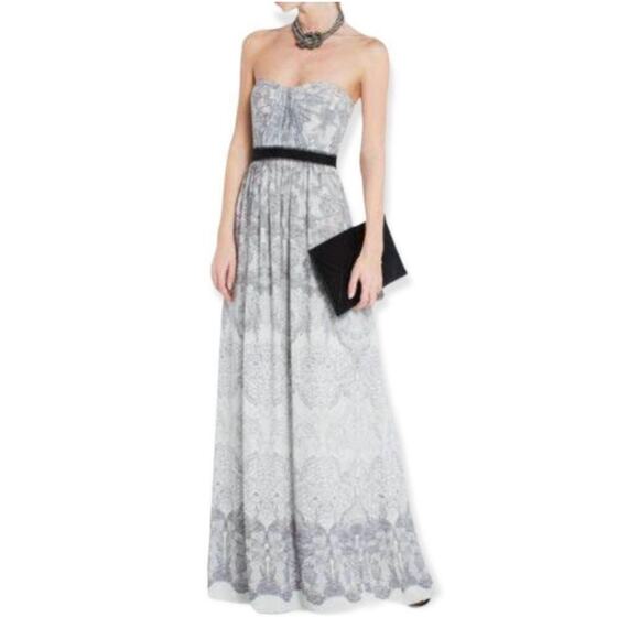 Bcbgmaxazria Amber Strapless Maxi Dress Party Cocktail White Gray Print  Size 2 - Picture 1 of 16